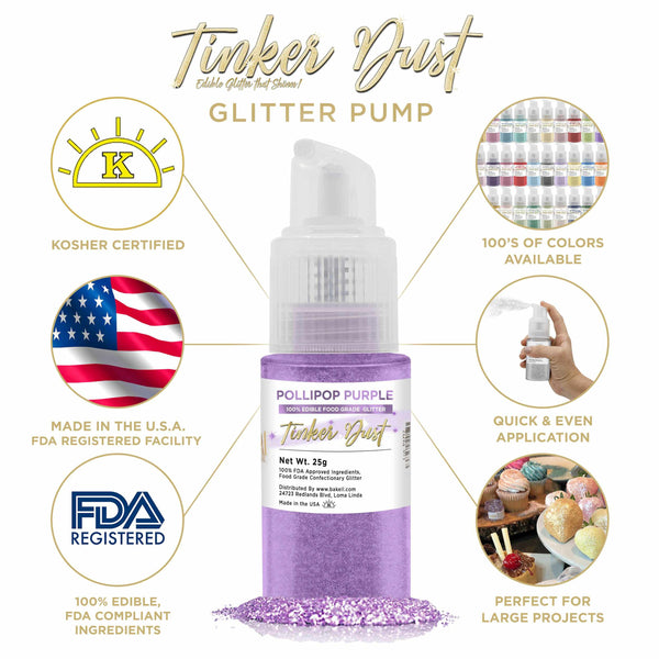 Pollipop Purple Tinker Dust Spray Glitter | Infographic for Edible Glitter. FDA Compliant Made in USA | Bakell.com