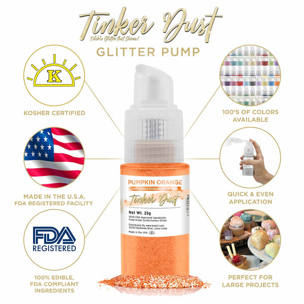 Pumpkin Orange Tinker Dust Spray Glitter | Infographic for Edible Glitter. FDA Compliant Made in USA | Bakell.com