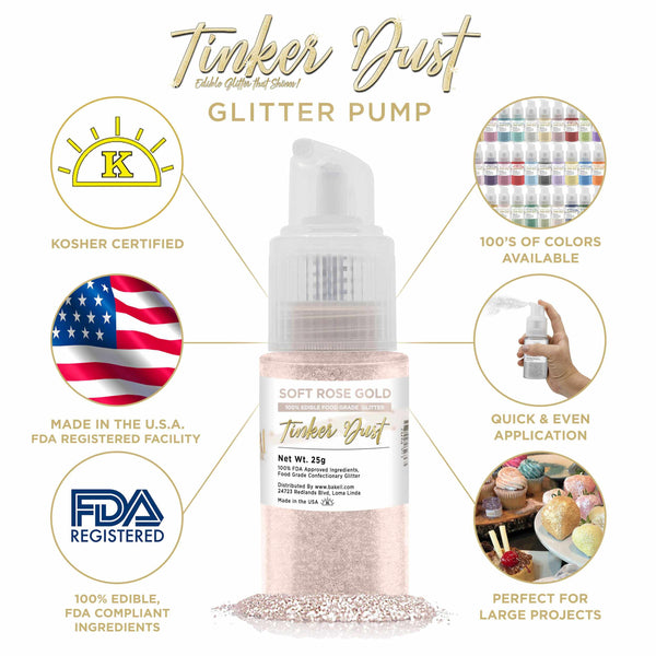 Soft Rose Gold Tinker Dust Spray Glitter | Infographic for Edible Glitter. FDA Compliant Made in USA | Bakell.com