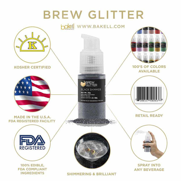 Black Shimmer Beverage Spray Glitter | Infographic for Edible Glitter. FDA Compliant Made in USA | Bakell.com