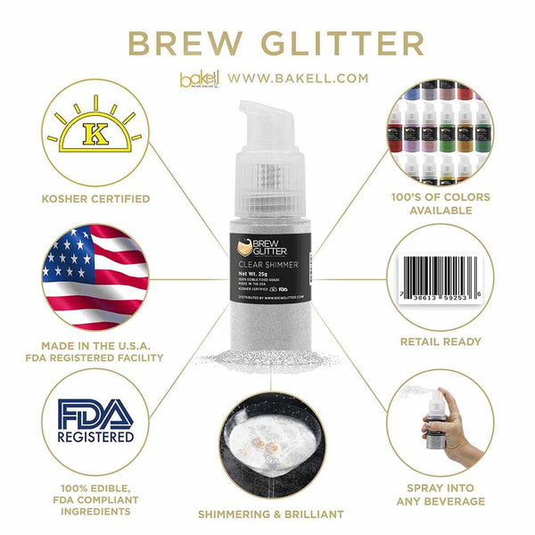 Clear Beverage Spray Glitter | Infographic for Edible Glitter. FDA Compliant Made in USA | Bakell.com