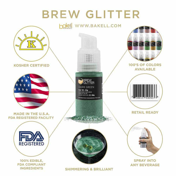 Dark Green Beverage Spray Glitter | Infographic for Edible Glitter. FDA Compliant Made in USA | Bakell.com