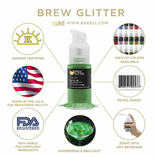 Green Beverage Spray Glitter | Infographic for Edible Glitter. FDA Compliant Made in USA | Bakell.com