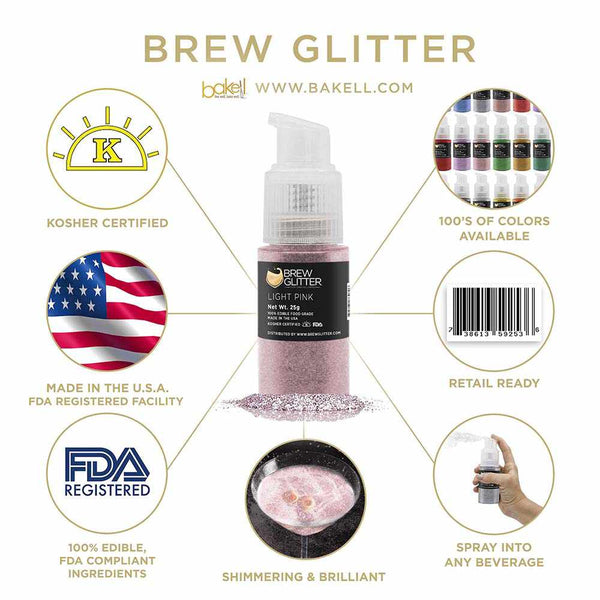 Light Pink Beverage Spray Glitter | Infographic for Edible Glitter. FDA Compliant Made in USA | Bakell.com