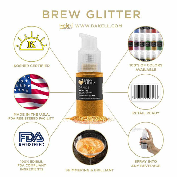 Orange Beverage Spray Glitter | Infographic for Edible Glitter. FDA Compliant Made in USA | Bakell.com