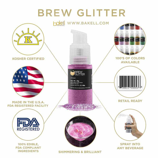 Pink Beverage Spray Glitter | Infographic for Edible Glitter. FDA Compliant Made in USA | Bakell.com