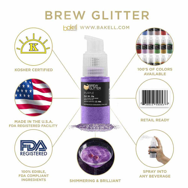 Purple Beverage Spray Glitter | Infographic for Edible Glitter. FDA Compliant Made in USA | Bakell.com