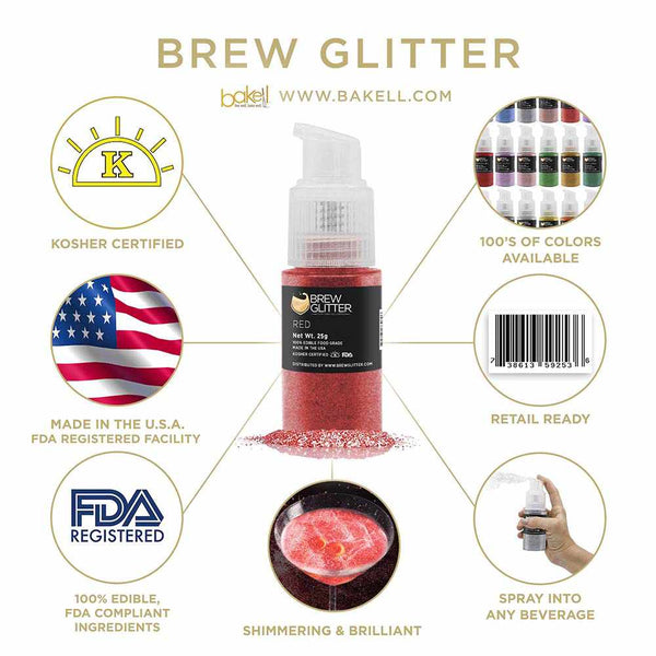 Red Beverage Spray Glitter | Infographic for Edible Glitter. FDA Compliant Made in USA | Bakell.com