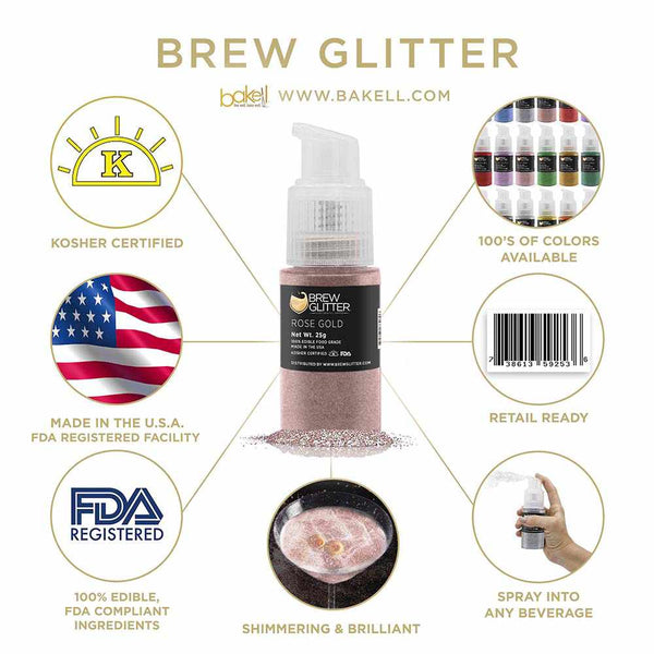 Rose Gold Beverage Spray Glitter | Infographic for Edible Glitter. FDA Compliant Made in USA | Bakell.com