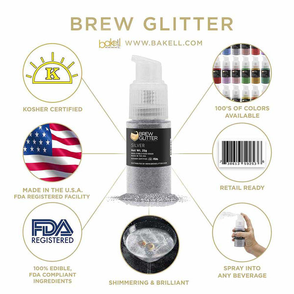 Silver Beverage Spray Glitter | Infographic for Edible Glitter. FDA Compliant Made in USA | Bakell.com