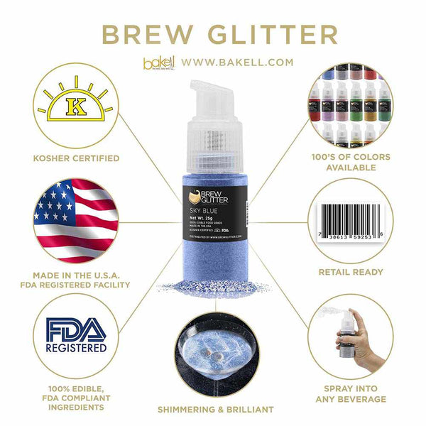 Sky Blue Beverage Spray Glitter | Infographic for Edible Glitter. FDA Compliant Made in USA | Bakell.com
