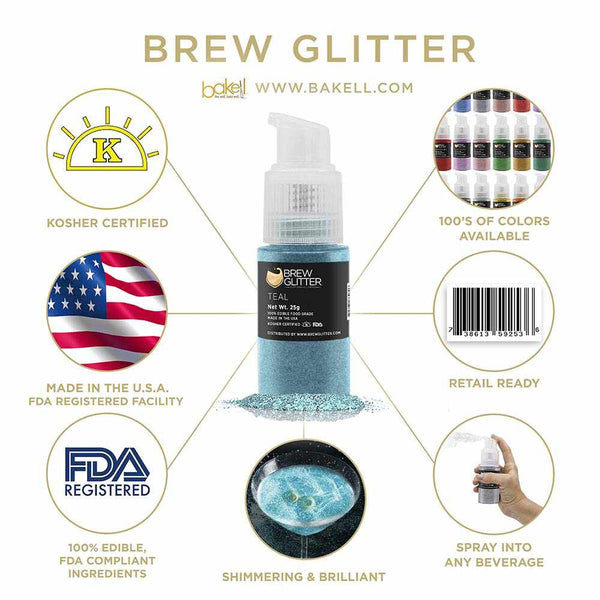 Teal Beverage Spray Glitter | Infographic for Edible Glitter. FDA Compliant Made in USA | Bakell.com