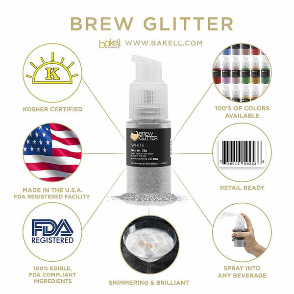 White Beverage Spray Glitter | Infographic for Edible Glitter. FDA Compliant Made in USA | Bakell.com