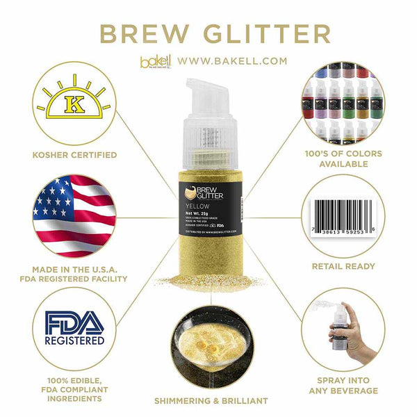 Yellow Beverage Spray Glitter | Infographic for Edible Glitter. FDA Compliant Made in USA | Bakell.com