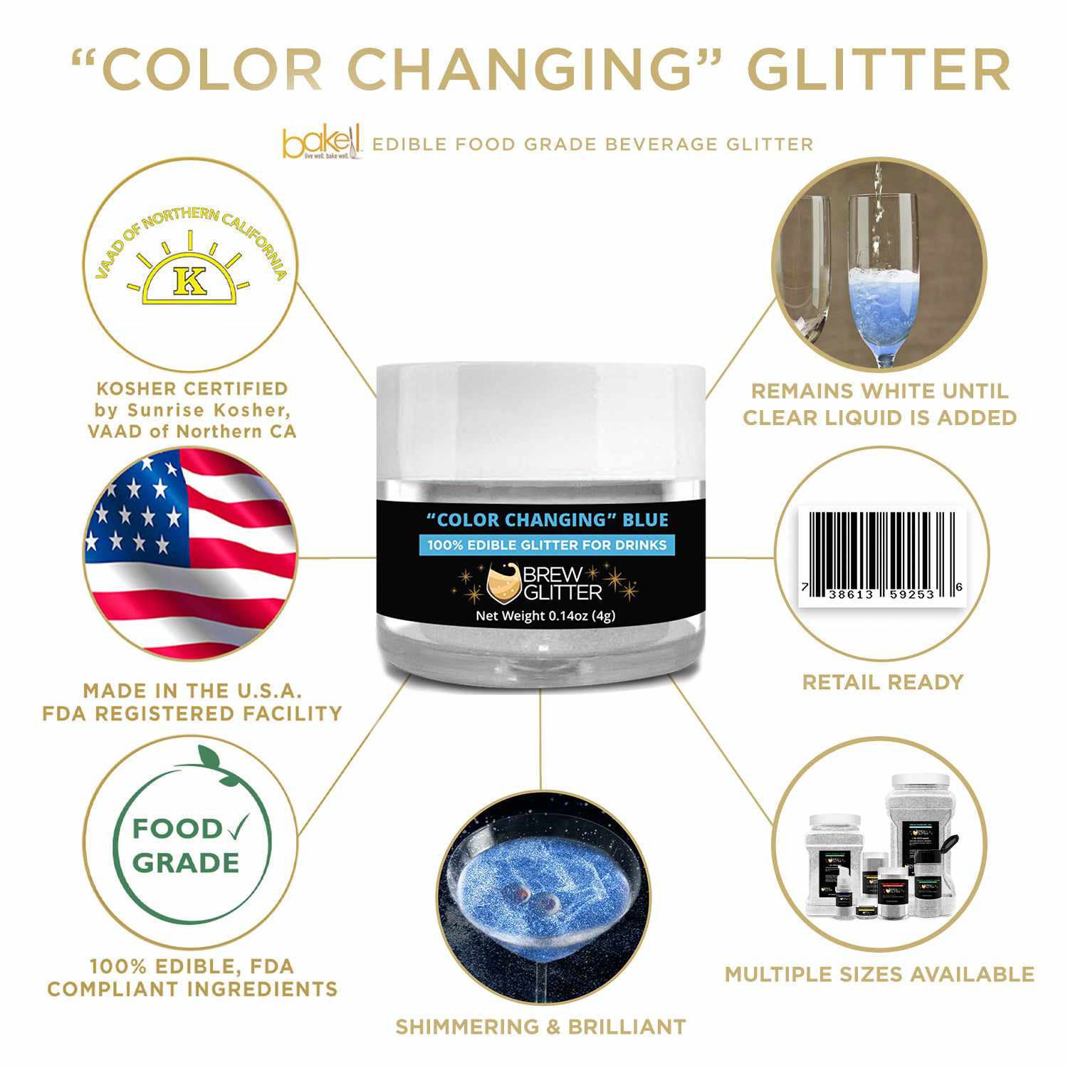 Color Changing Edible Kosher Certified Drink Glitter | Bakell.com