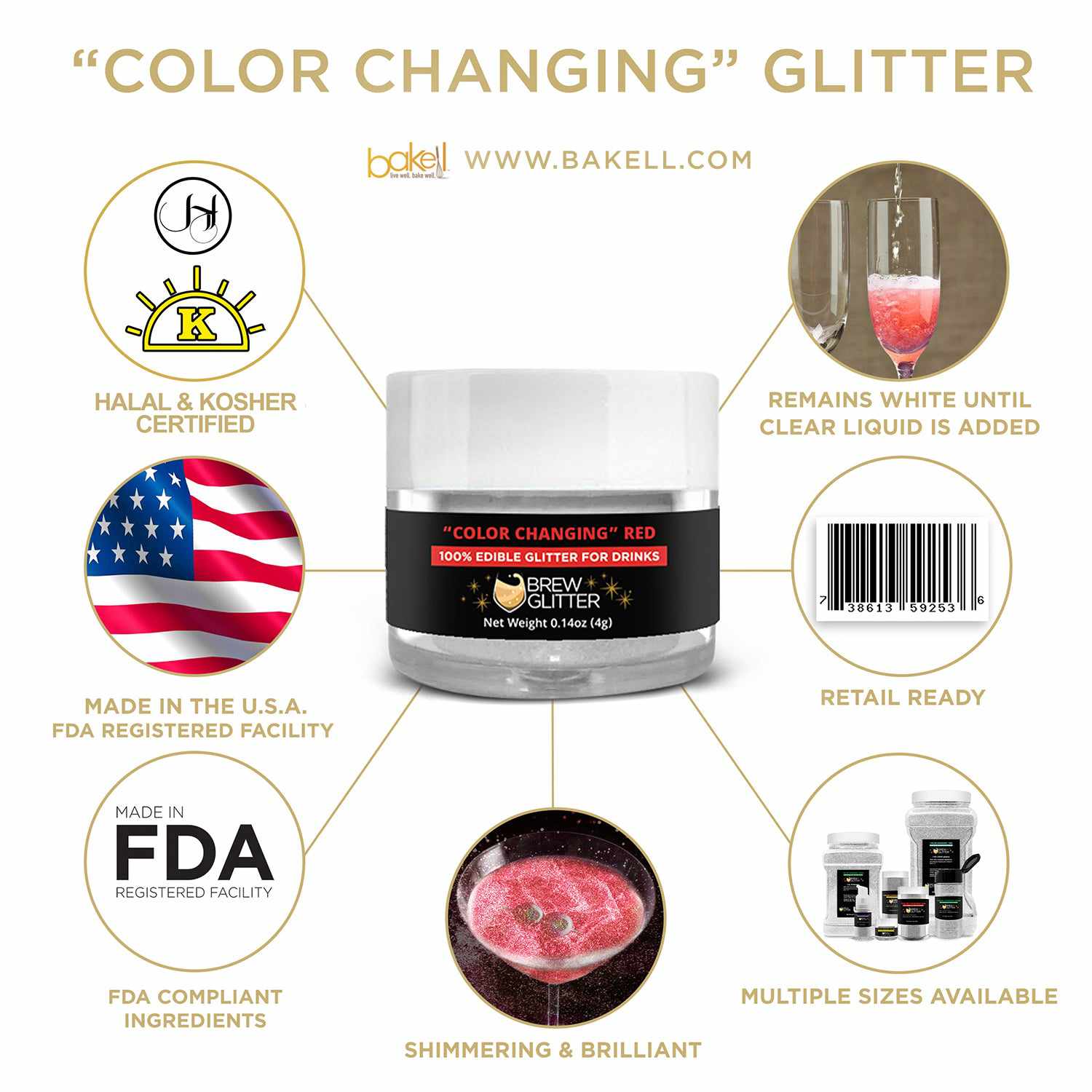 Color Changing Edible Kosher Certified Drink Glitter | Bakell.com