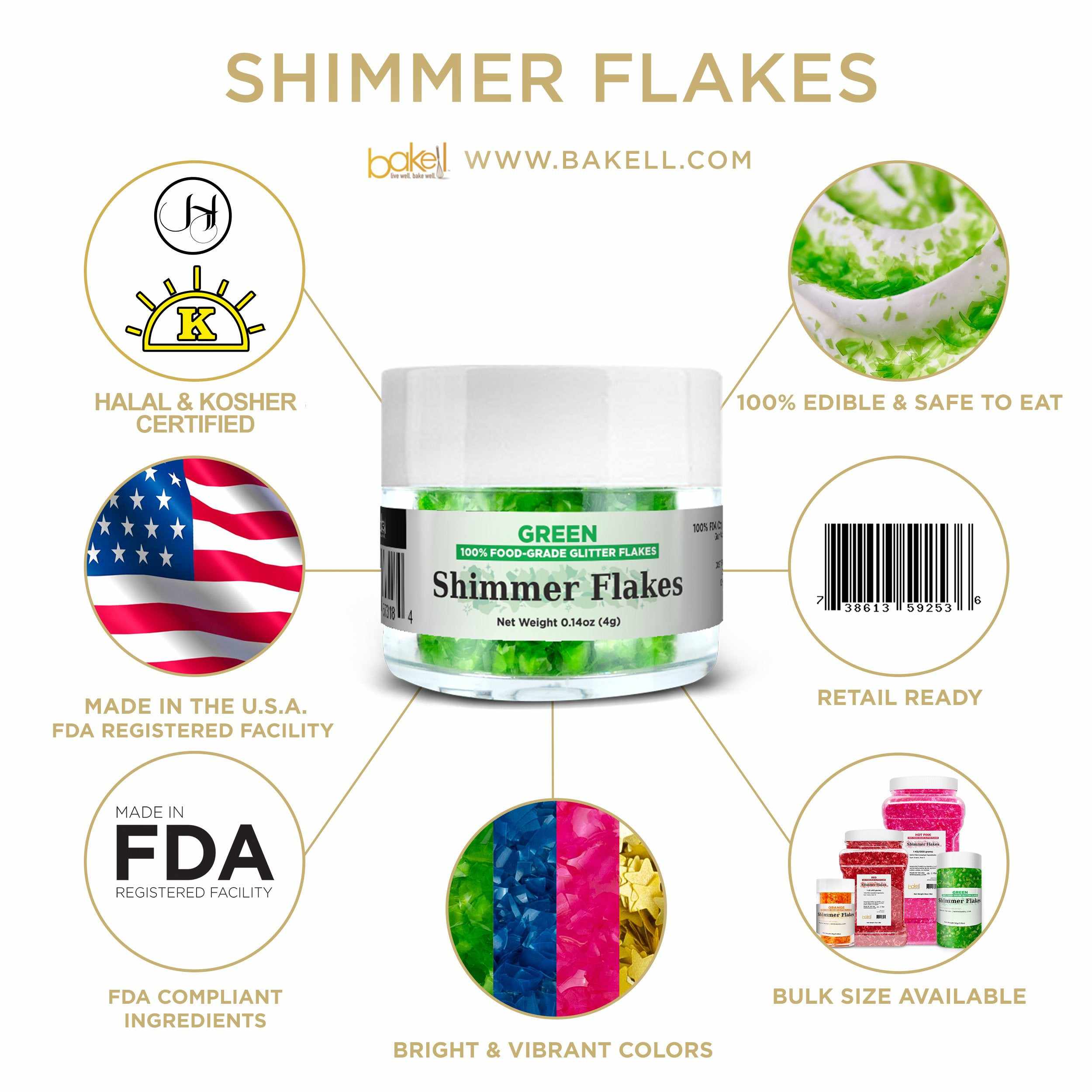 Shimmer Flakes Kosher Certified, Halal Certified, FDA Compliant Edible Flakes | Bakell.com