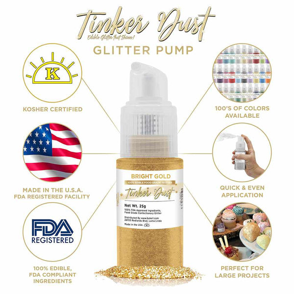 Bright Gold Tinker Dust Spray Glitter | Infographic for Edible Glitter. FDA Compliant Made in USA | Bakell.com