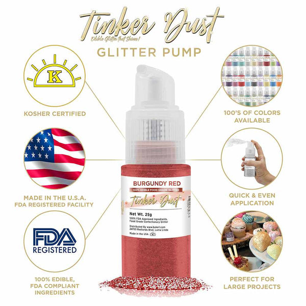 Burgundy Tinker Dust Spray Glitter | Infographic for Edible Glitter. FDA Compliant Made in USA | Bakell.com