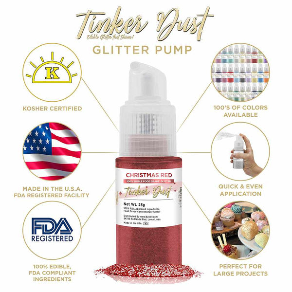 Christmas Red Tinker Dust Spray Glitter | Infographic for Edible Glitter. FDA Compliant Made in USA | Bakell.com