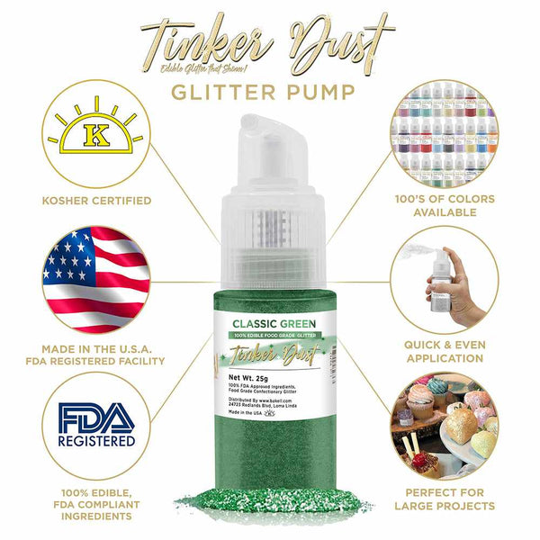Classic Green Tinker Dust Spray Glitter | Infographic for Edible Glitter. FDA Compliant Made in USA | Bakell.com