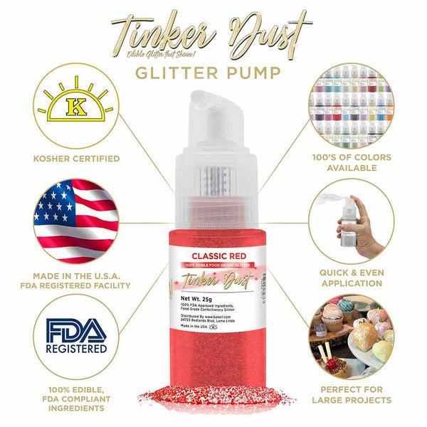 Classic Red Tinker Dust Spray Glitter | Infographic for Edible Glitter. FDA Compliant Made in USA | Bakell.com