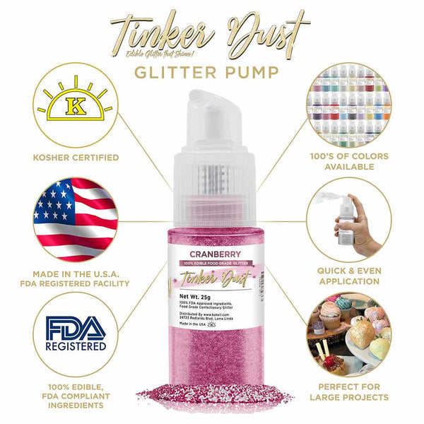 Cranberry Tinker Dust Spray Glitter | Infographic for Edible Glitter. FDA Compliant Made in USA | Bakell.com