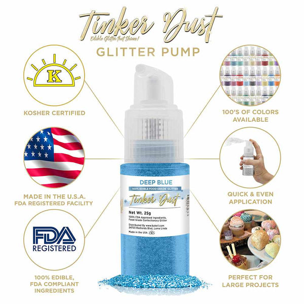 Deep Blue Tinker Dust Spray Glitter | Infographic for Edible Glitter. FDA Compliant Made in USA | Bakell.com