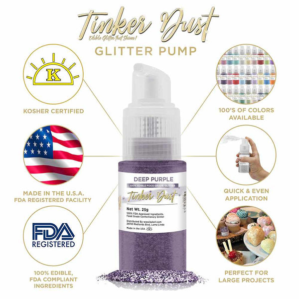 Deep Purple Tinker Dust Spray Glitter | Infographic for Edible Glitter. FDA Compliant Made in USA | Bakell.com