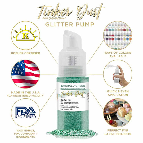 Emerald Green Tinker Dust Spray Glitter | Infographic for Edible Glitter. FDA Compliant Made in USA | Bakell.com
