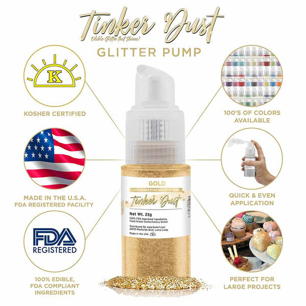 Gold Tinker Dust Spray Glitter | Infographic for Edible Glitter. FDA Compliant Made in USA | Bakell.com