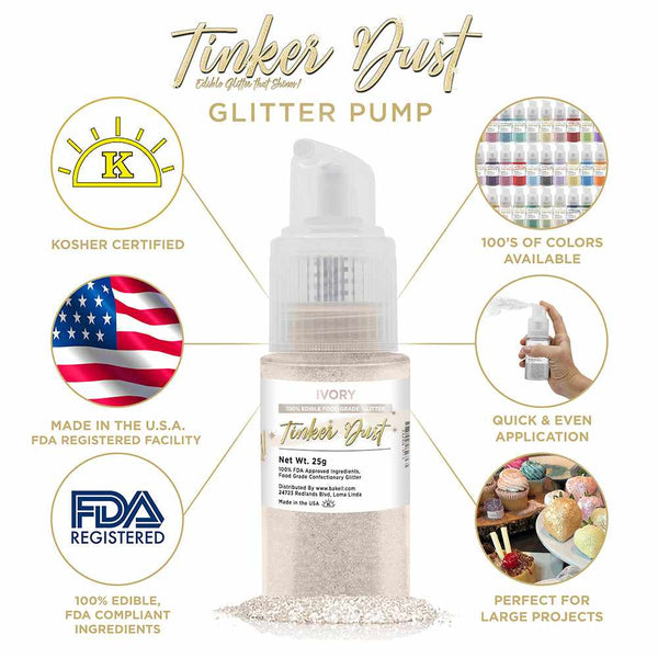 Ivory Tinker Dust Spray Glitter | Infographic for Edible Glitter. FDA Compliant Made in USA | Bakell.com