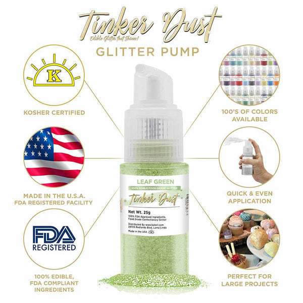 Leaf Green Tinker Dust Spray Glitter | Infographic for Edible Glitter. FDA Compliant Made in USA | Bakell.com