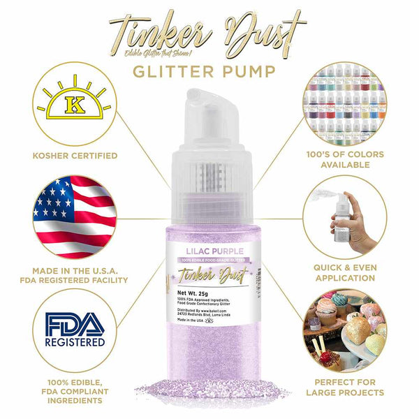 Lilac Purple Tinker Dust Spray Glitter | Infographic for Edible Glitter. FDA Compliant Made in USA | Bakell.com