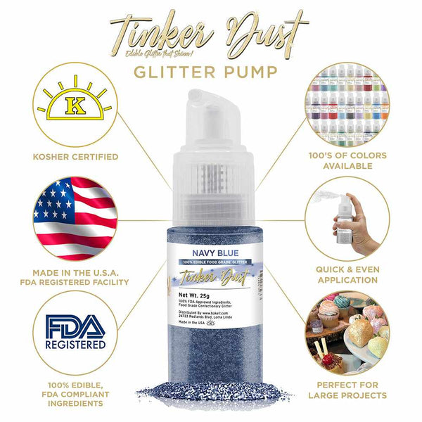 Navy Blue Tinker Dust Spray Glitter | Infographic for Edible Glitter. FDA Compliant Made in USA | Bakell.com