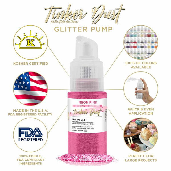 Neon Pink Tinker Dust Spray Glitter | Infographic for Edible Glitter. FDA Compliant Made in USA | Bakell.com