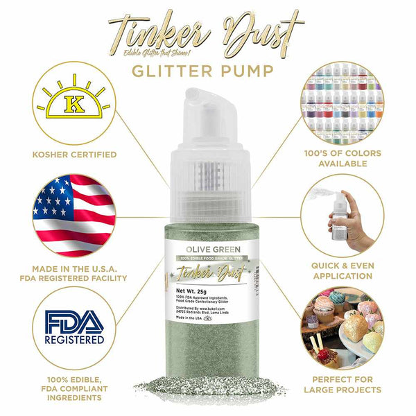 Olive Green Tinker Dust Spray Glitter | Infographic for Edible Glitter. FDA Compliant Made in USA | Bakell.com