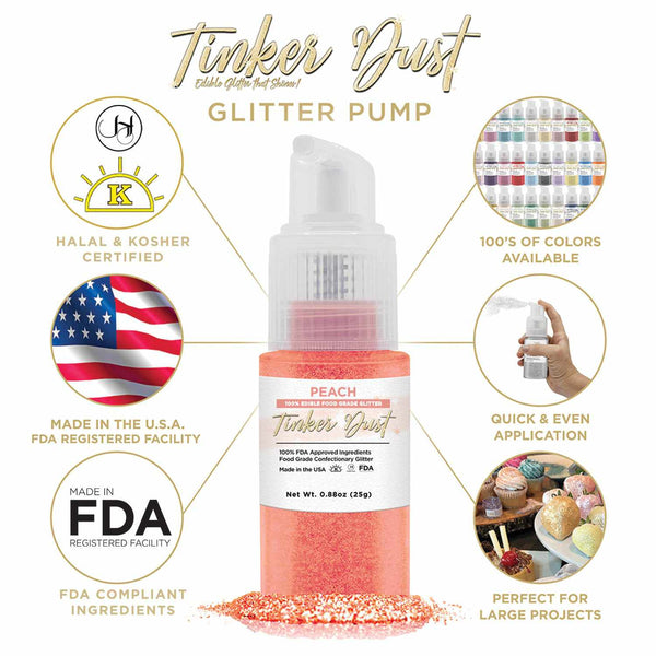 Peach Tinker Dust Spray Glitter | Infographic for Edible Glitter. FDA Compliant Made in USA | Bakell.com