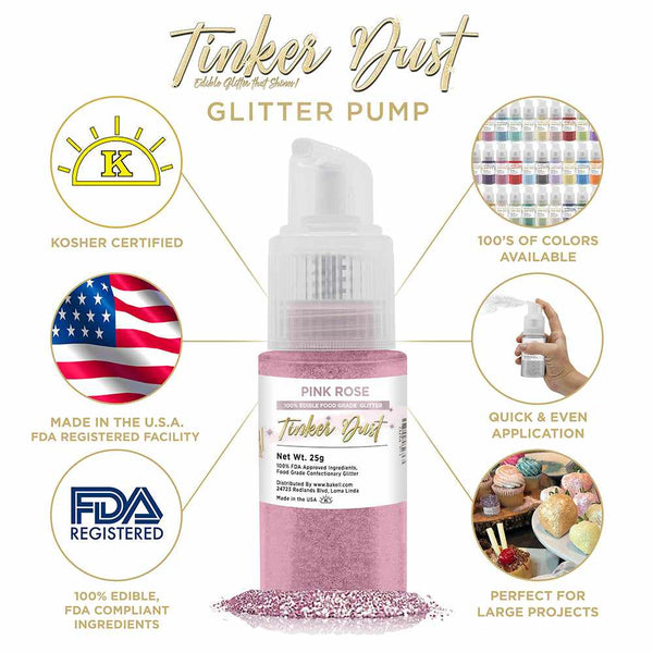 Pink Rose Tinker Dust Spray Glitter | Infographic for Edible Glitter. FDA Compliant Made in USA | Bakell.com