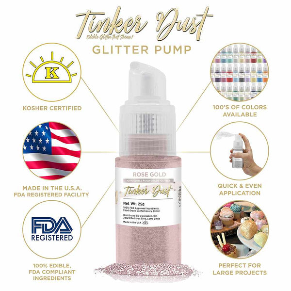 Rose Gold Tinker Dust Spray Glitter | Infographic for Edible Glitter. FDA Compliant Made in USA | Bakell.com