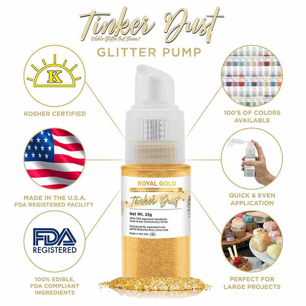 Royal Gold Tinker Dust Spray Glitter | Infographic for Edible Glitter. FDA Compliant Made in USA | Bakell.com