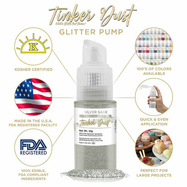 Silver Sage Tinker Dust Spray Glitter | Infographic for Edible Glitter. FDA Compliant Made in USA | Bakell.com