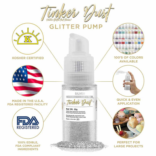 Silver Tinker Dust Spray Glitter | Infographic for Edible Glitter. FDA Compliant Made in USA | Bakell.com