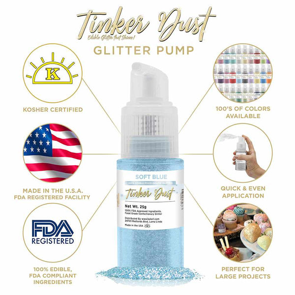 Soft Blue Tinker Dust Spray Glitter | Infographic for Edible Glitter. FDA Compliant Made in USA | Bakell.com