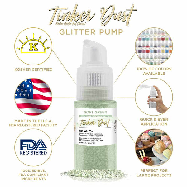 Soft Green Tinker Dust Spray Glitter | Infographic for Edible Glitter. FDA Compliant Made in USA | Bakell.com