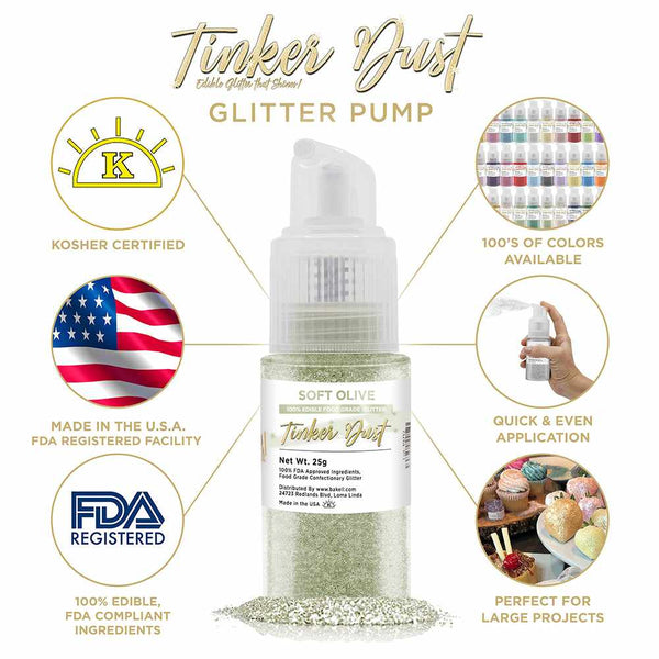 Soft Olive Tinker Dust Spray Glitter | Infographic for Edible Glitter. FDA Compliant Made in USA | Bakell.com