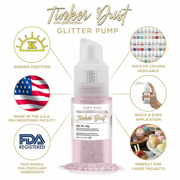 Soft Pink Tinker Dust Spray Glitter | Infographic for Edible Glitter. FDA Compliant Made in USA | Bakell.com