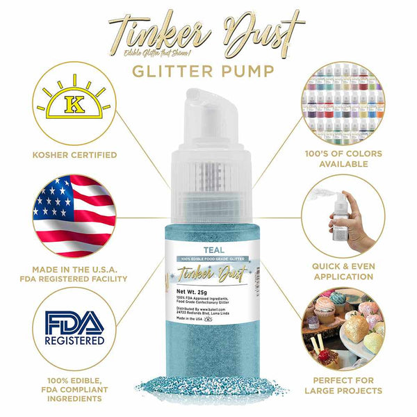 Teal Tinker Dust Spray Glitter | Infographic for Edible Glitter. FDA Compliant Made in USA | Bakell.com