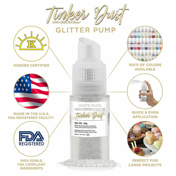 White Pearl Tinker Dust Spray Glitter | Infographic for Edible Glitter. FDA Compliant Made in USA | Bakell.com