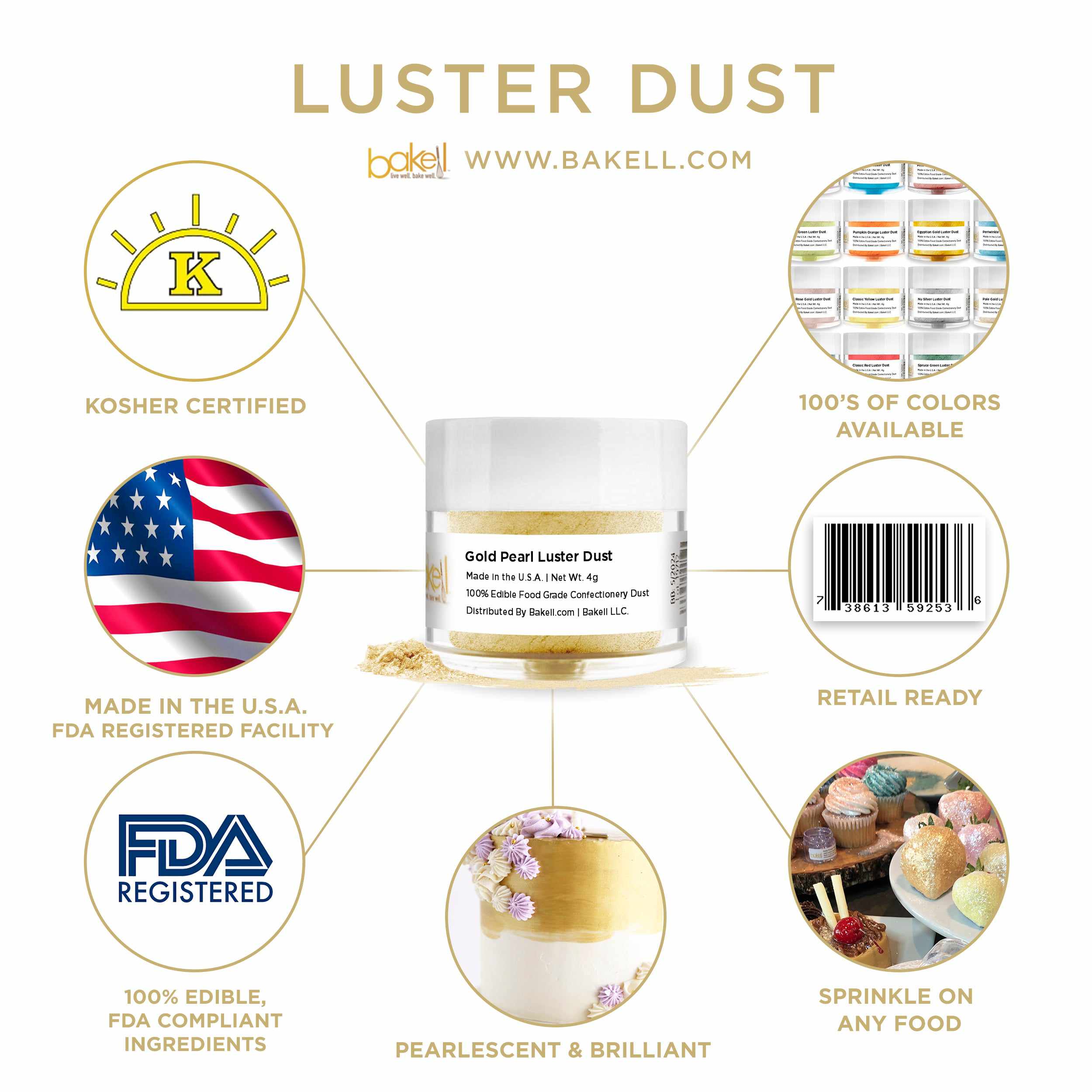 BAKELL Gold Pearl Poussière et peinture comestibles, 25 g | Poudre  comestible LUSTER DUST | Peinture, poudre et poussière approuvées par la  FDA | 100